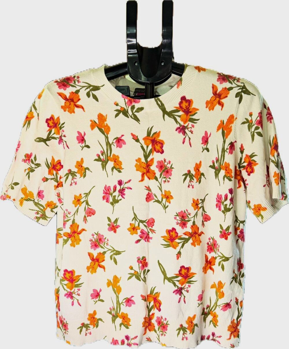 Vince Camuto ivory floral knit pullover top short sleeve round neck XL